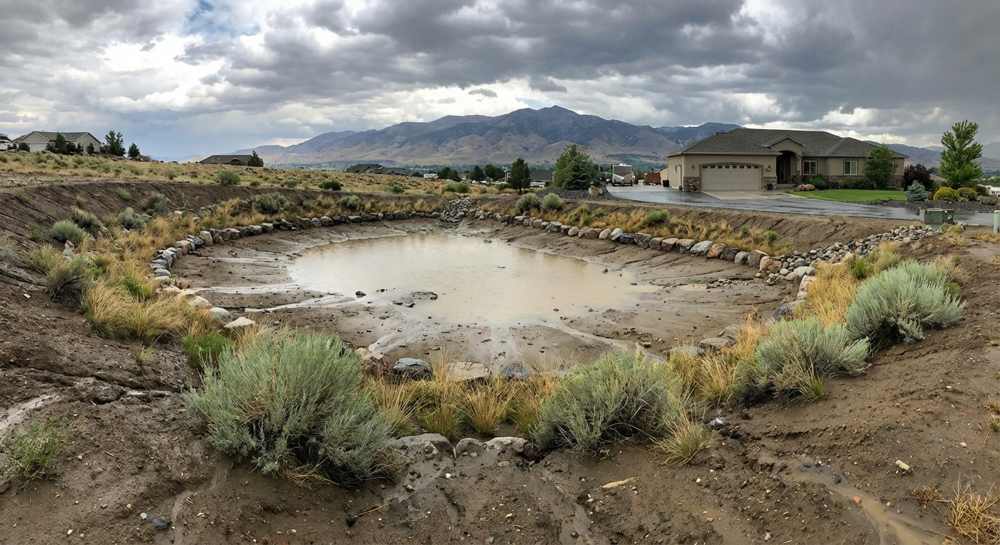 Retention basin installation on Reno property for stormwater management